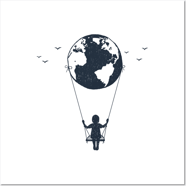 Earth, Girl On A Swing. Creative Illustration Wall Art by SlothAstronaut